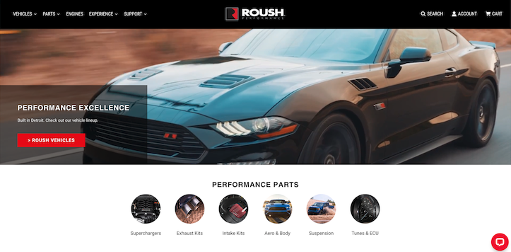 The newly designed Roush Performance website homepage