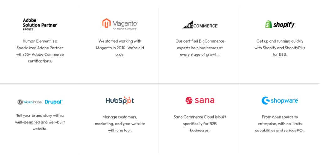 an image with the logos for Adobe Solution Partner, Magento, BigCommerce, Shopify, WordPress, Drupal, HubSpot, Sana, and Shopware.